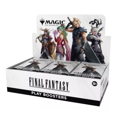 Expositor com packs de cartas Magic Final Fantasy Play Boosters com quatro personagens ilustrados.