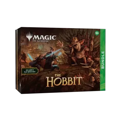 Embalagem do jogo Magic The Gathering The Hobbit Bundle com ilustração de personagens e texto