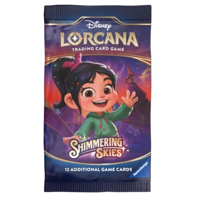 Pacote de cartas Disney Lorcana Shimmering Skies com personagem animado e texto descritivo