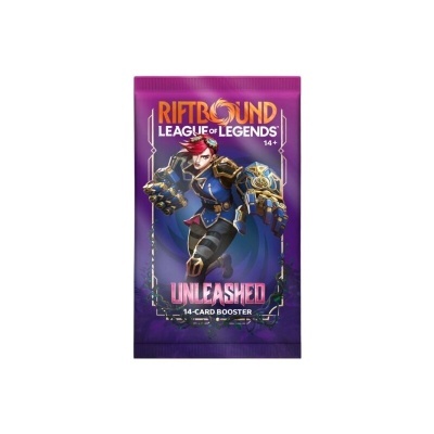 Pacote de cartas Riftbound League of Legends Unleashed com personagem em armadura azul e dourada