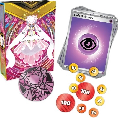 Cartas de Pokémon energia psíquica, fichas e caixa com personagem rosa e branco