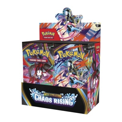Expositor com pacotes de cartas Pokémon Mega Evolution Chaos Rising coloridos