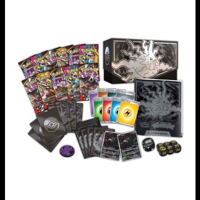 Conjunto de cartas e acessórios Pokémon com caixa preta e branca
