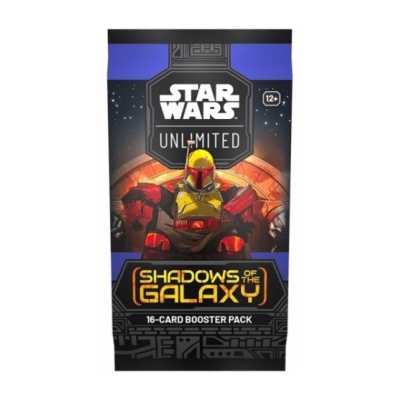 Pacote de cartas Star Wars Unlimited Shadows of the Galaxy com personagem em armadura amarelo e vermelho.