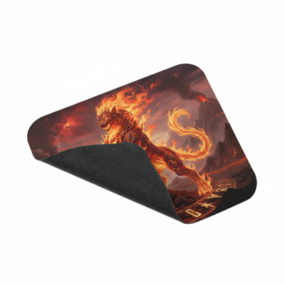 Tapete de rato com imagem de leão em chamas e base preta