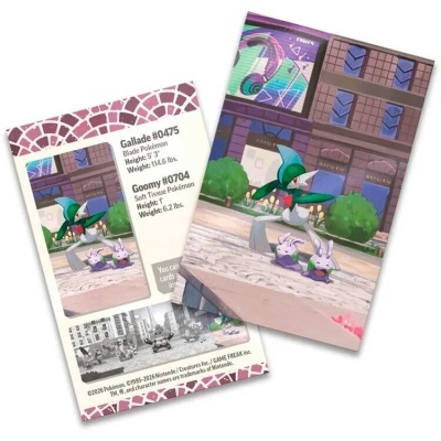 Cartas de Pokémon com imagens de Gallade e Goomy em cenário urbano