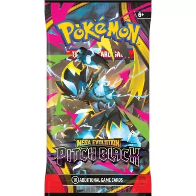 Saqueta de cartas Pokémon Mega Evolution Pitch Black colorida com personagem elétrico e texto das cartas.