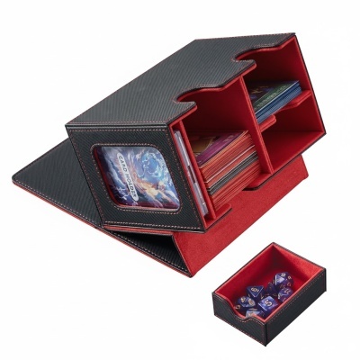 Suporte preto e vermelho para cartas com compartimentos e dado azul