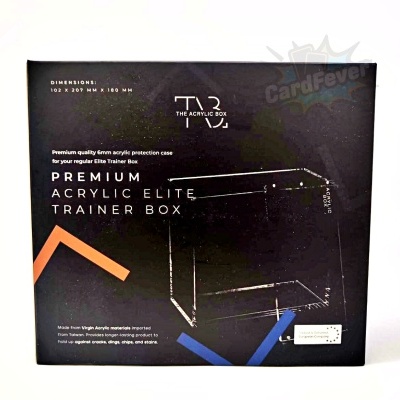 Caixa de acrílico preta para Elite Trainer Box com texto branco e gráficos coloridos