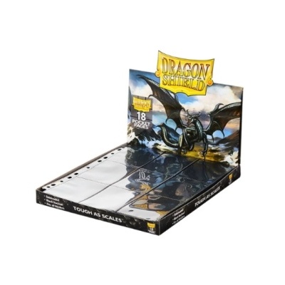 Expositor com páginas plásticas para cartas da marca Dragon Shield com imagem de dragão