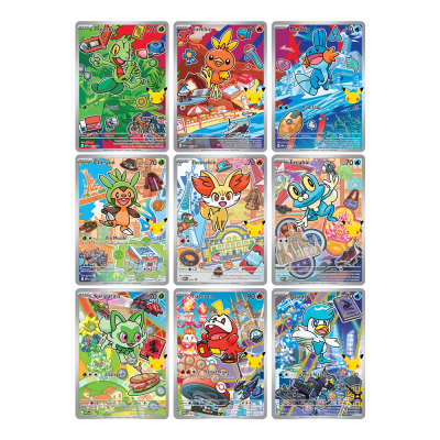 Nove cartas de Pokémon coloridas com diferentes personagens e detalhes de ataque
