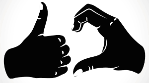 Silhueta preta de duas mãos fazendo gestos: polegar para cima e coração