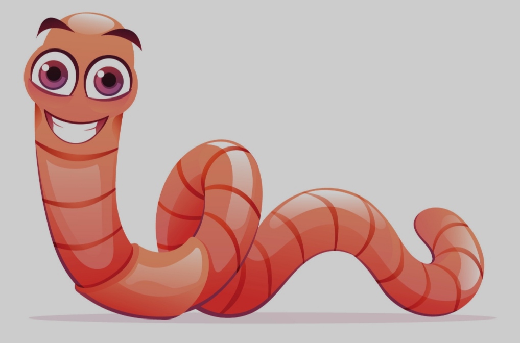 Minhoca animada vermelha-alaranjada com olhos grandes e sorriso