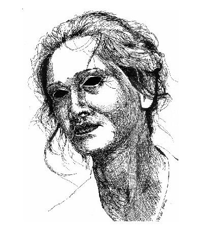 Desenho preto e branco de mulher com cabelo apanhado e solto, com textura pontilhada