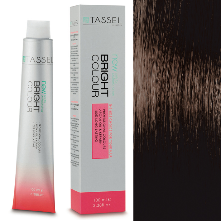 Produto de coloração de cabelo TASSEL new BRIGHT COLOUR e amostra de cabelo castanho escuro