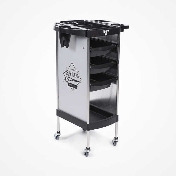 Carrinho de salão de beleza metálico com gavetas pretas e rodízios