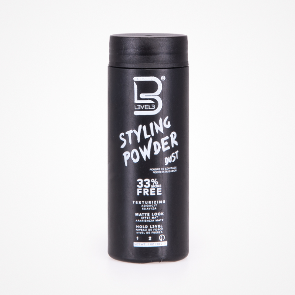 Frasco preto cilíndrico de styling powder LEVEL3 com texto branco