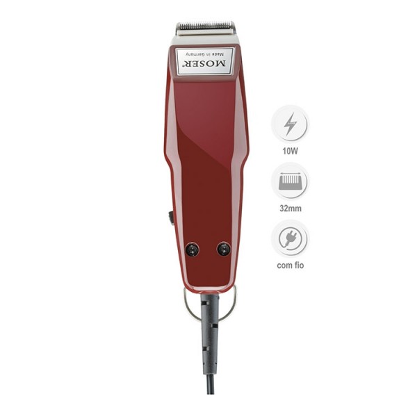 Aparelho cortar cabelo MOSEK vermelho com cabo preto e informações 10W 32mm com fio