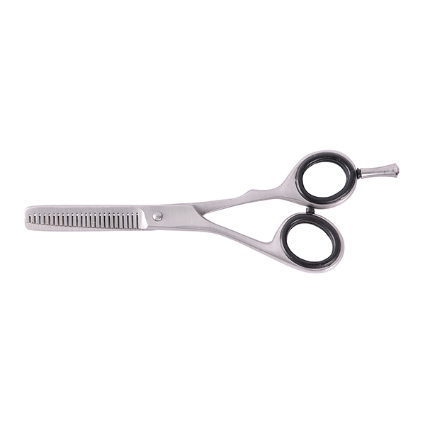 Tesoura para desbaste de cabelo com punhos pretos e lâmina dentada