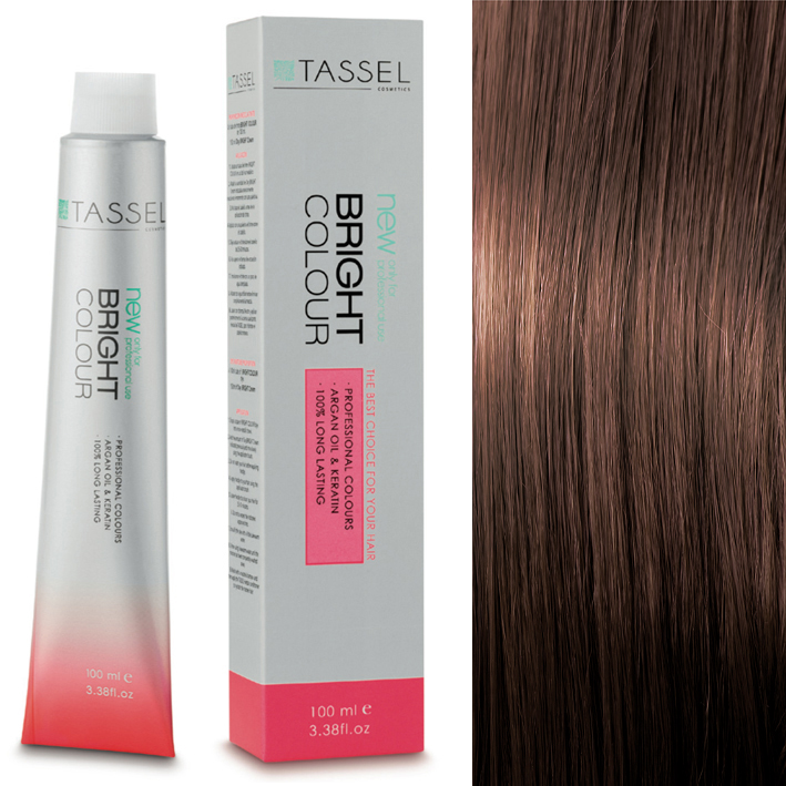 Tubo e caixa de coloração Tassel Bright Colour e cabelo castanho liso