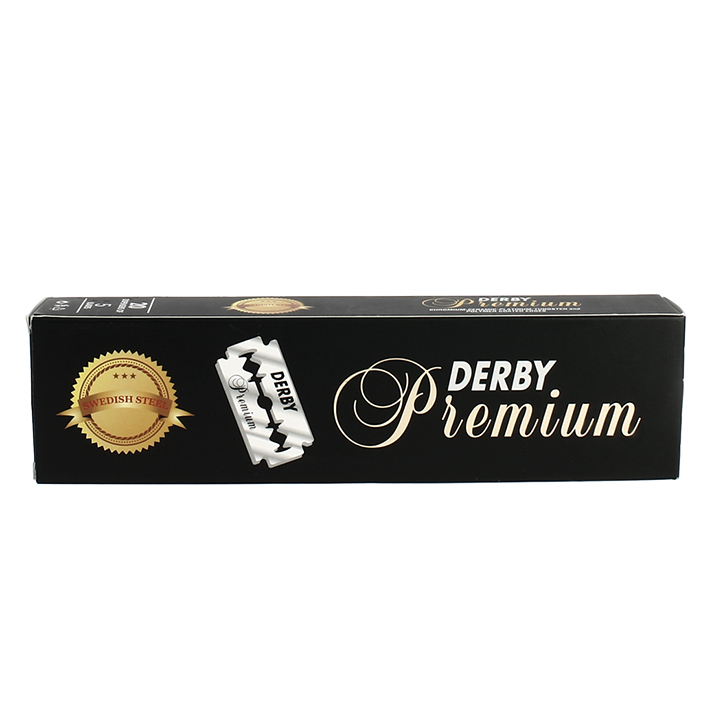 Embalagem preta com texto DERBY Premium e selo dourado