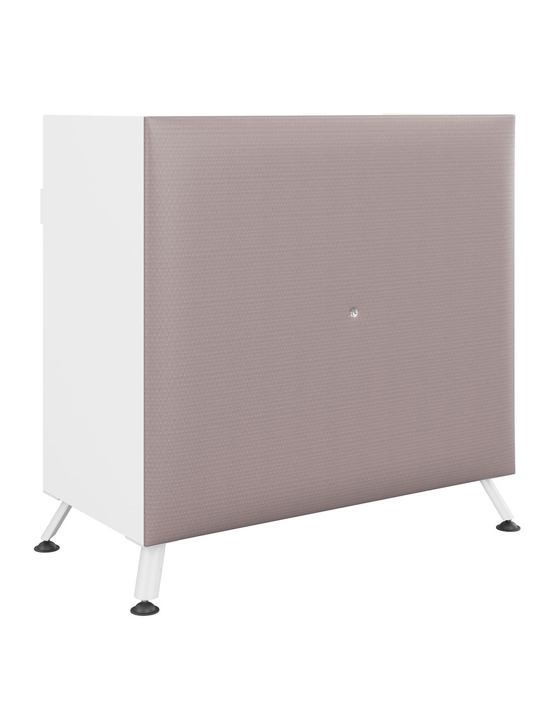 Móvel branco com painel frontal cinza texturizado e quatro pés metálicos.