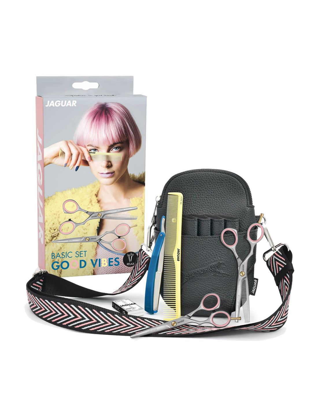 Conjunto básico de cabeleireiro JAGUAR com tesouras, pente, navalha, bolsa e caixa com imagem de mulher de cabelo rosa