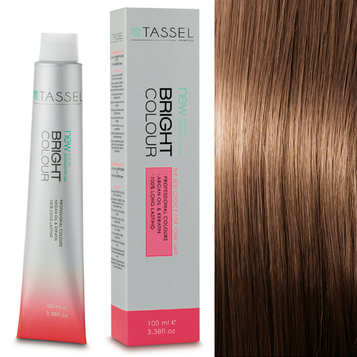 Tinta para cabelo TASSEL Bright Colour com tubo, caixa e amostra de cabelo castanho claro