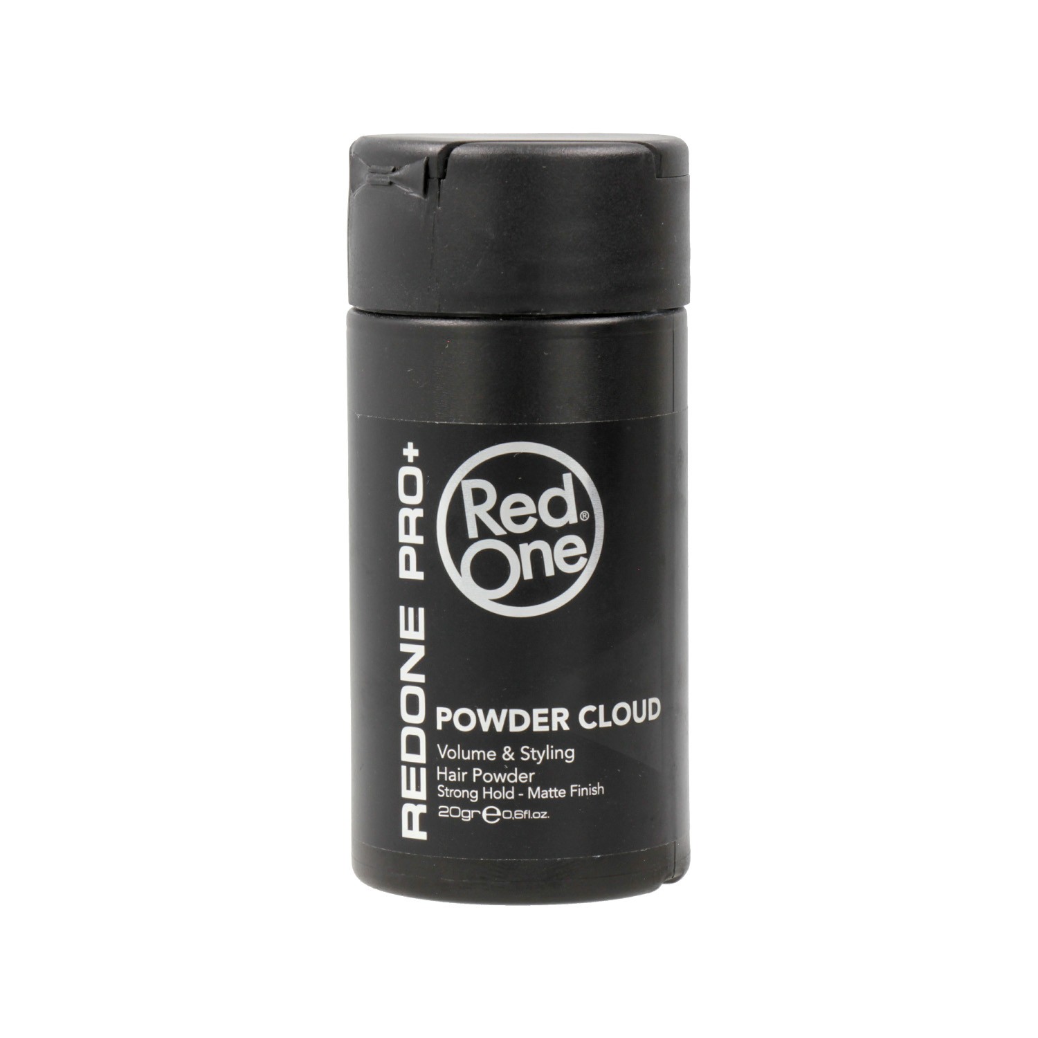 Frasco preto fosco de pó para cabelo Red One PRO+ com texto branco