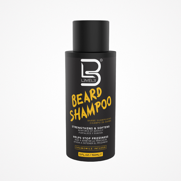 Frasco preto de shampoo para barba LEVEL3 com texto amarelo e branco