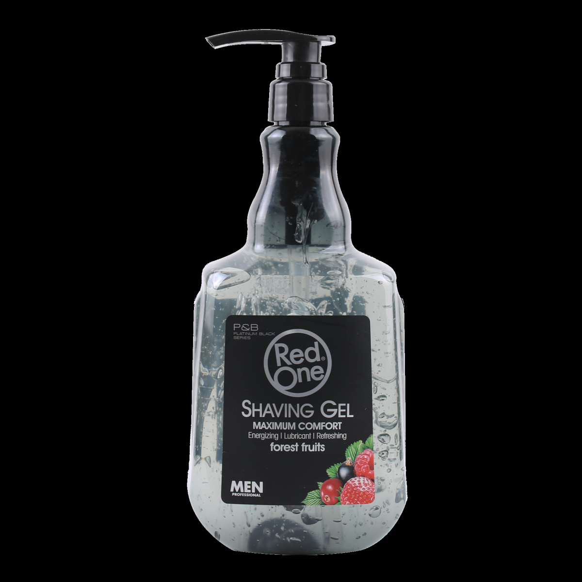 Frasco transparente de gel de barbear Red One com tampa de bomba preta e gel com bolhas