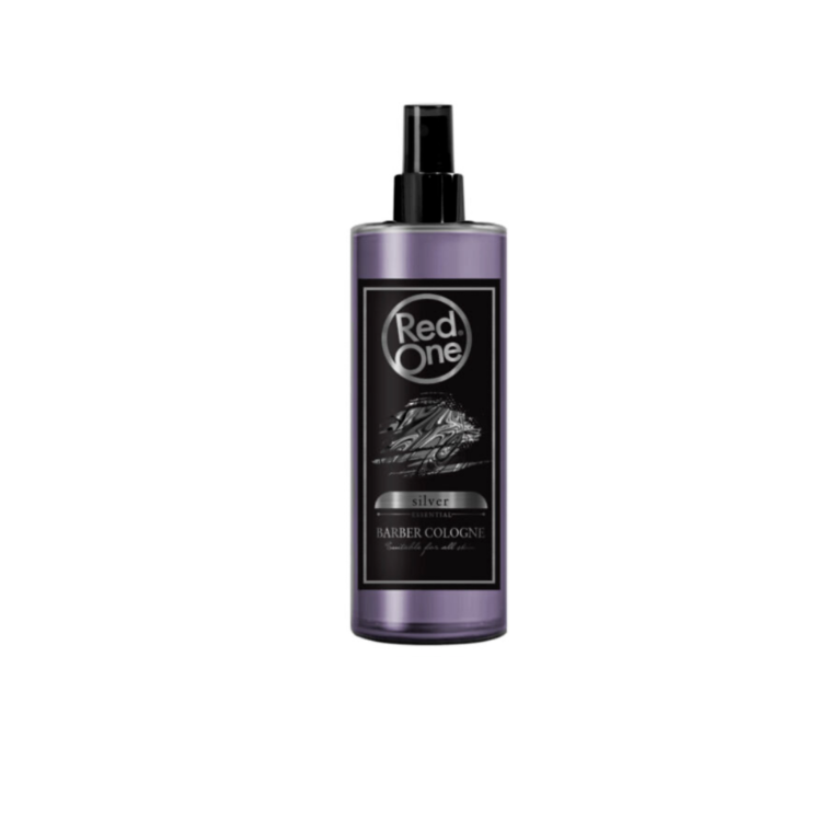 Frasco de spray roxo com rótulo preto da fragância Red One Silver