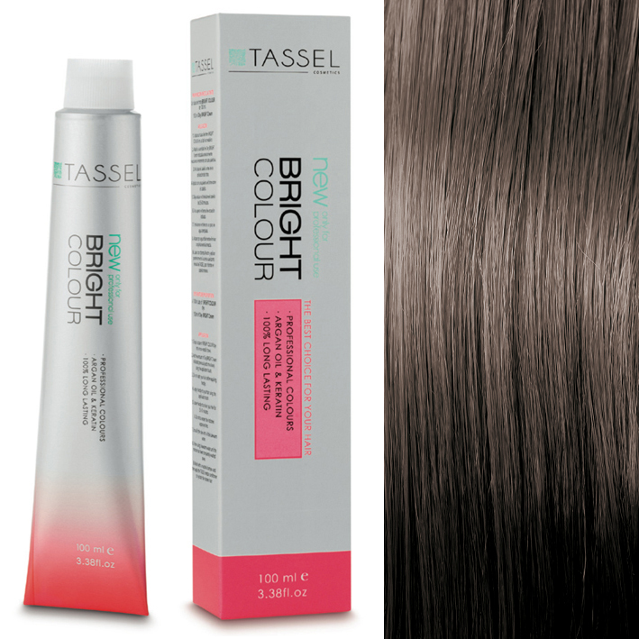 Tubo e caixa de tinta para cabelo TASSEL com cabelo castanho claro ao lado