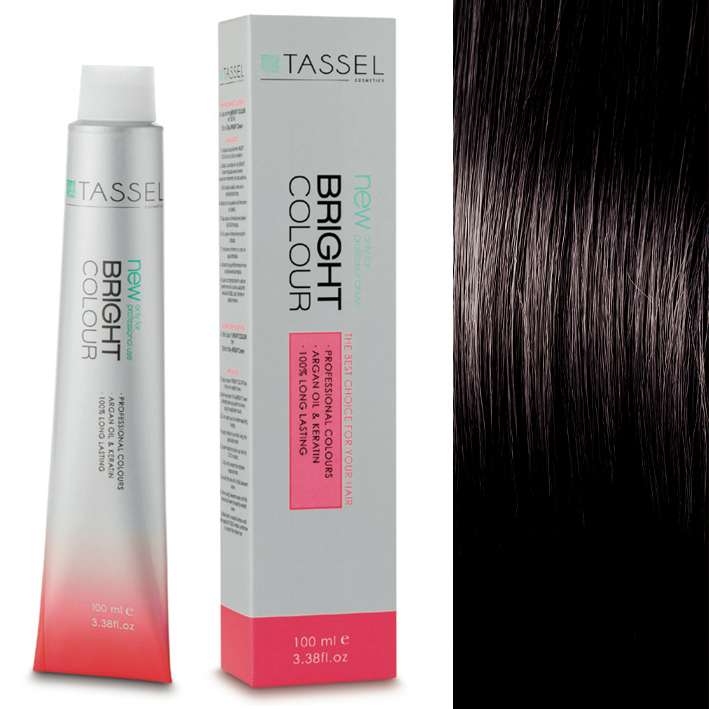 Tinta de cabelo TASSEL Bright Colour embalagem e tubo com amostra de cor preta