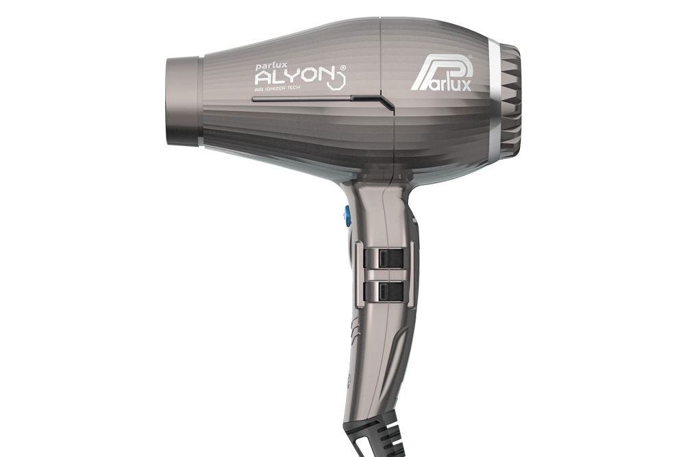 Secador de cabelo cinza Parlux Alyon em fundo branco