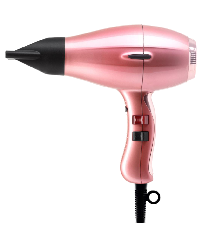 Secador de cabelo metálico rosa com bocal preto e botões