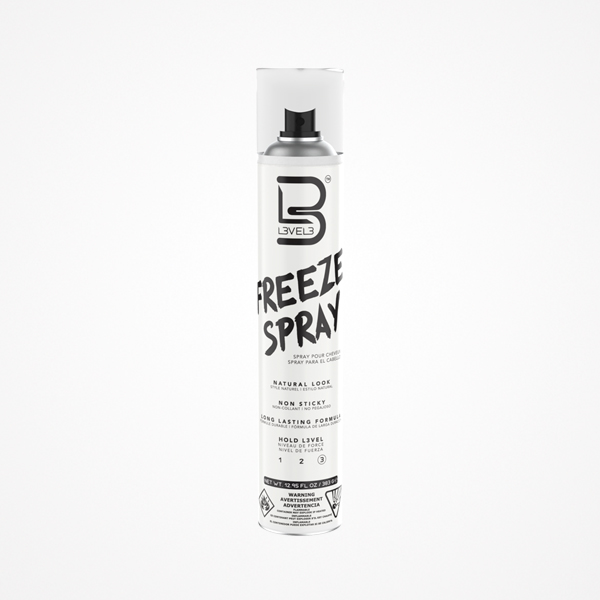 Spray de cabelo LEVEL3 Freeze Spray em embalagem branca com tampa transparente