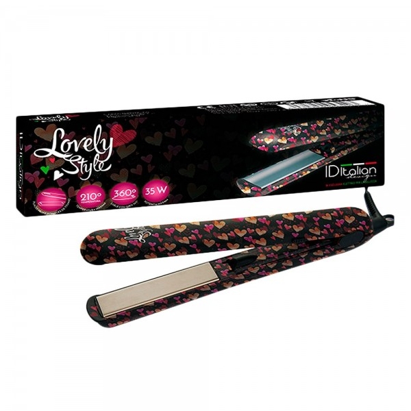 Prancha alisadora de cabelo preta com corações coloridos e embalagem da mesma marca