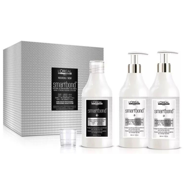 Conjunto L'Oréal Smartbond com três frascos e caixa prateada