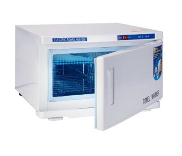 Aquecedor elétrico branco para toalhas com porta aberta mostrando interior azul metálico e prateleiras