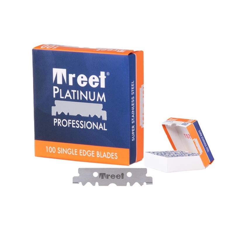 Caixa de lâminas de barbear Treet Platinum Professional em azul e laranja com lâmina metálica