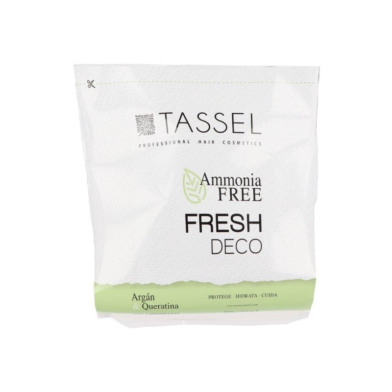 Saco branco de produto cosmético para cabelo da marca TASSEL com texto e faixa verde clara na base