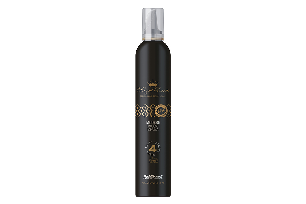 Espuma de cabelo Royal Secret em embalagem preta com tampa transparente