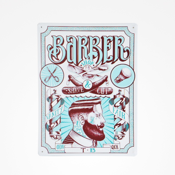 Placa decorativa de barbearia com ilustrações e texto em azul claro, branco e vermelho escuro
