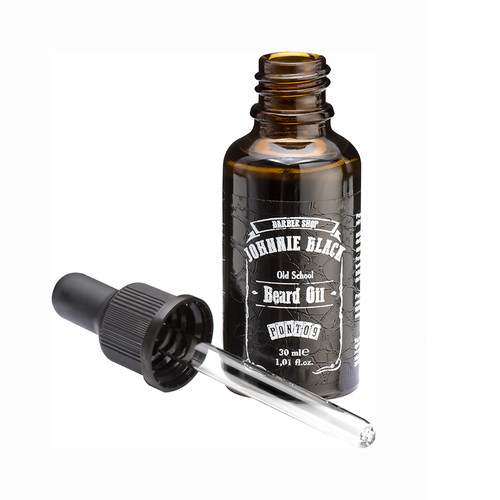 Frasco de óleo para barba com conta-gotas e etiqueta preta