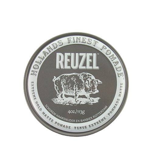 Embalagem redonda cinzenta da pomada REUZEL com desenho de porco e texto branco.