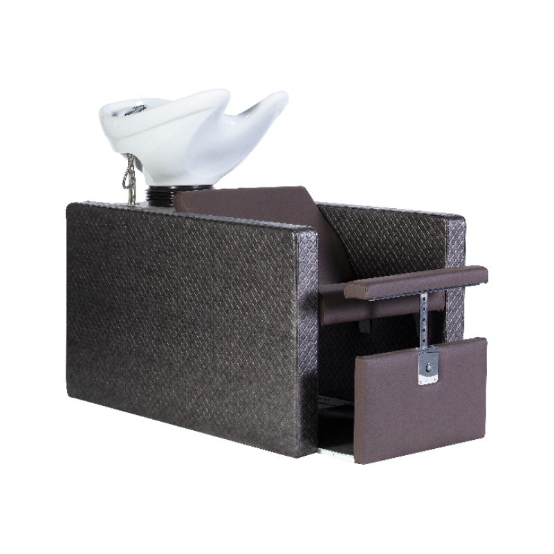 Poltrona para lavagem de cabelo com cuba branca e estofado castanho escuro