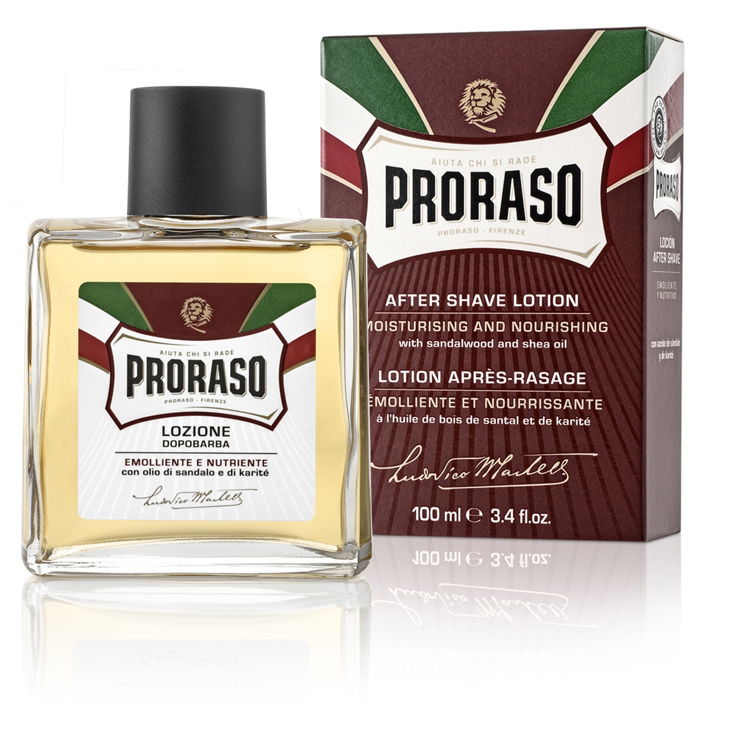 Loção After Shave Proraso em frasco de vidro com tampa preta e caixa colorida