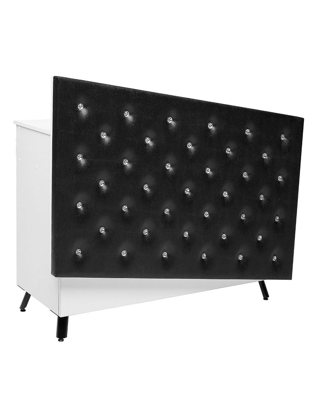 Cama pequena com cabeceira preta capitonê e estrutura branca