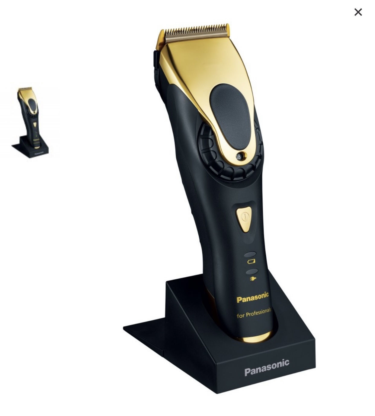 Máquina de cortar cabelo Panasonic preta e dourada com base de carregamento preta